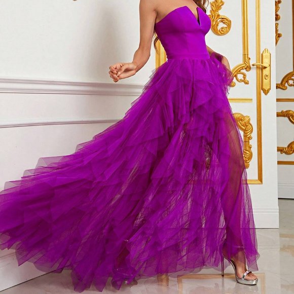 Purple Preppy Womens Split Thigh Mesh Overlay Tube Dress - Picture 1 of 5